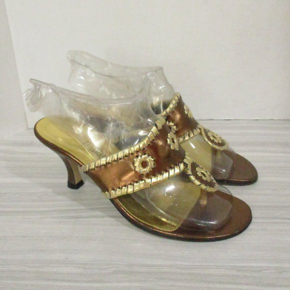 JACK ROGERS BRONZE/GOLD METALLIC TOE THONG SANDALS 3" HEEL - Picture 3 of 8